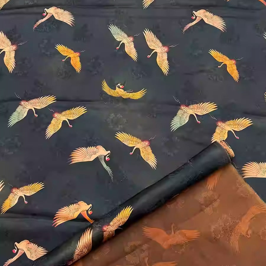 XYHYS 黑色瑞鹤图- Jacquard HUALUO Hongyunsha silk fabric, 26 momme openwork texture, 110cm by the Yard