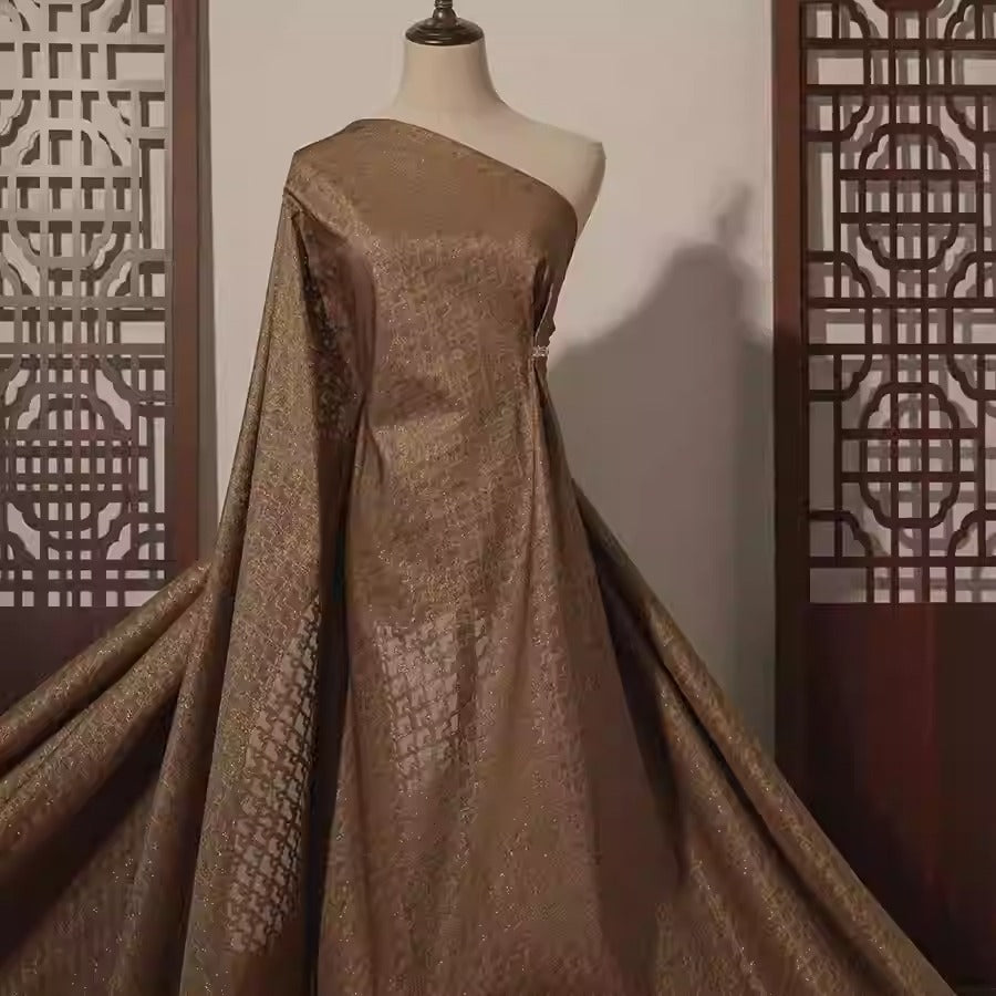 XYLN033 - Leno silk fabric, Gold weave Yarn-dyed, coffee color RUYI, 25 momme 114cm wide by the yard