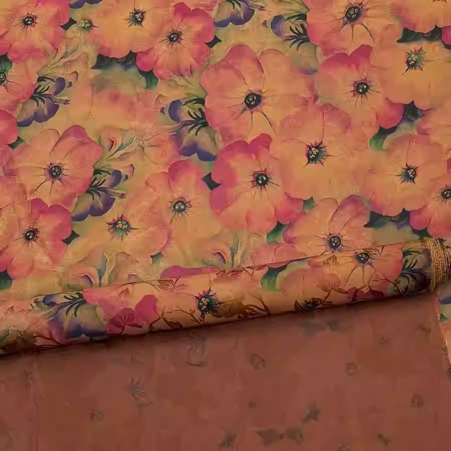 XYHYS 柔粉花韵- Jacquard HUALUO Hongyunsha silk fabric, 25 momme openwork texthture, 110cm by e Yard