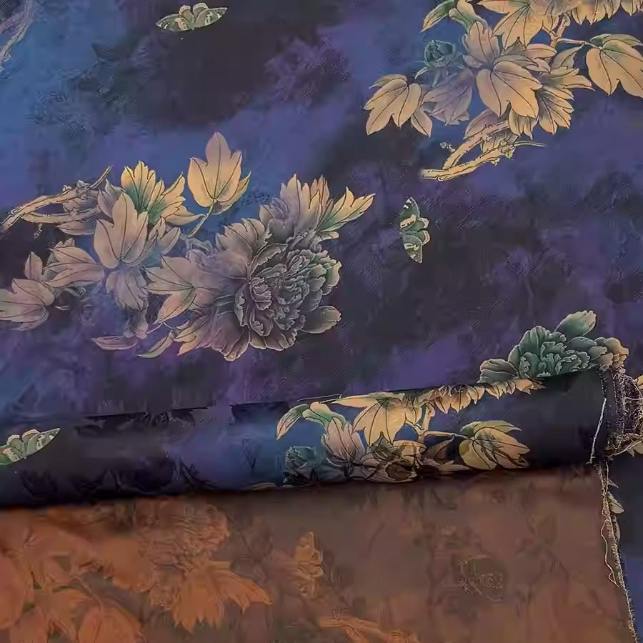 XYHYS 幽蓝牡丹- Jacquard HUALUO Hongyunsha silk fabric, 25 momme openwork texthture, 110cm by e Yard
