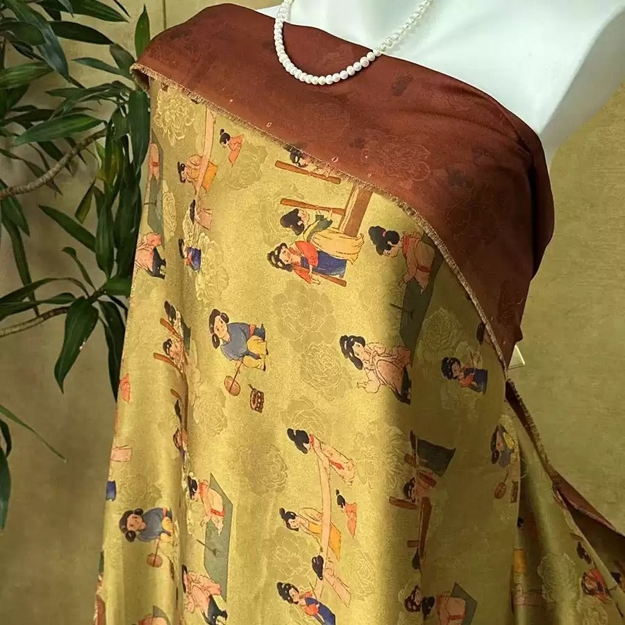 仕女捣练图 Mud Silk fabric, Jacquard HUALUO, 25 momme 110cm wide by the Yard