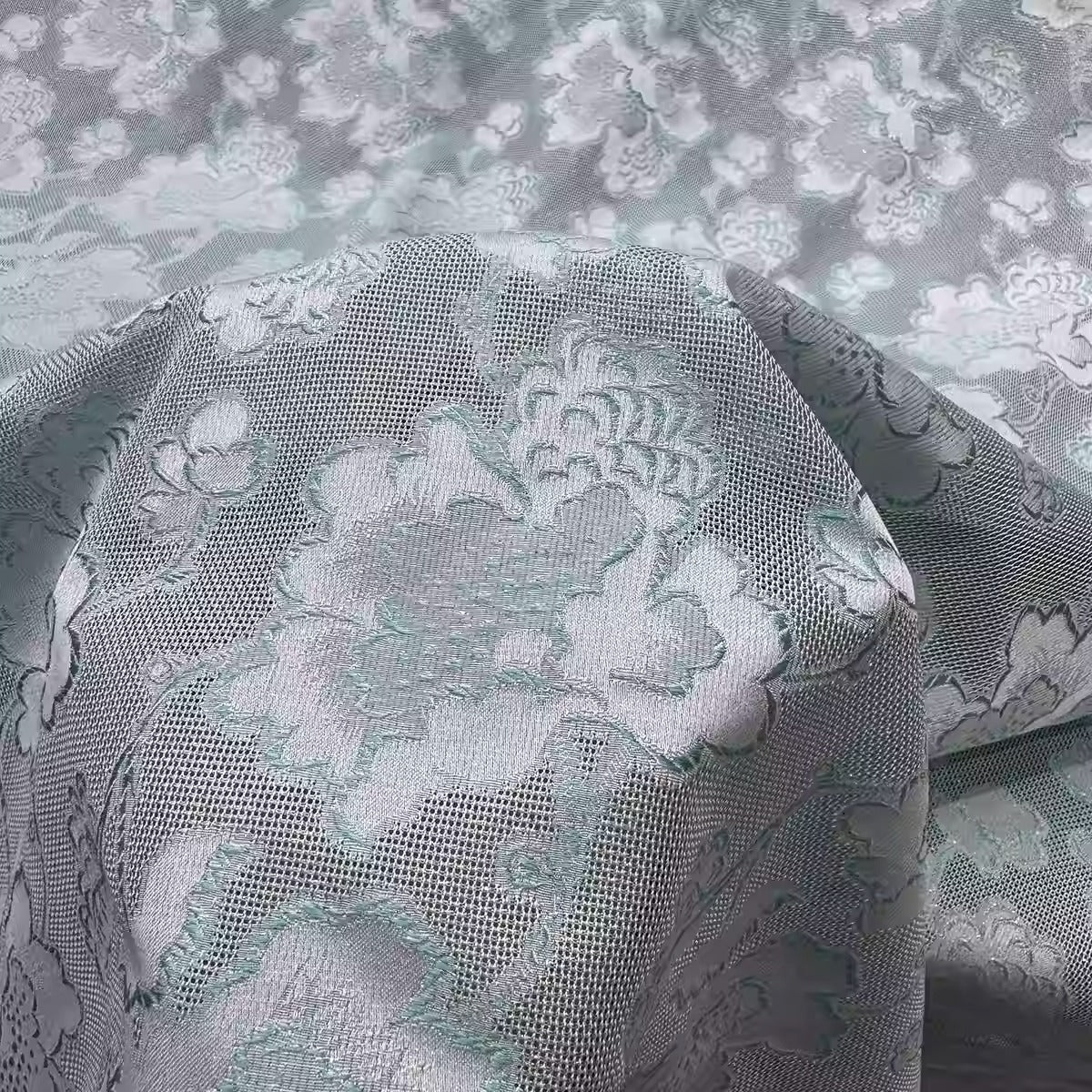 李德喜。四经八纬色织罗XYLN011 - Leno silk fabric, light blue peony , 25 momme 114cm wide by the yard