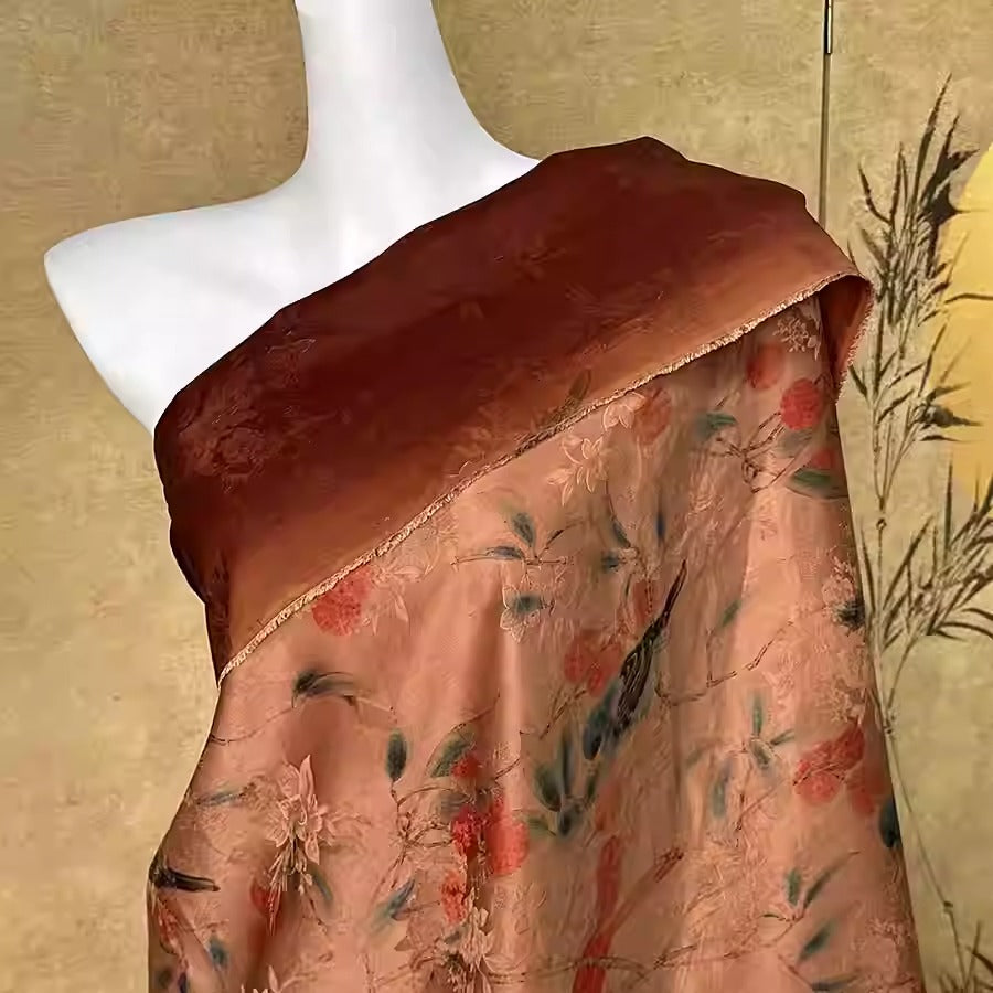 XYHYS 荔枝花鸟- Jacquard HUALUO Hongyunsha silk fabric, 26 momme openwork texture, 110cm by the Yard