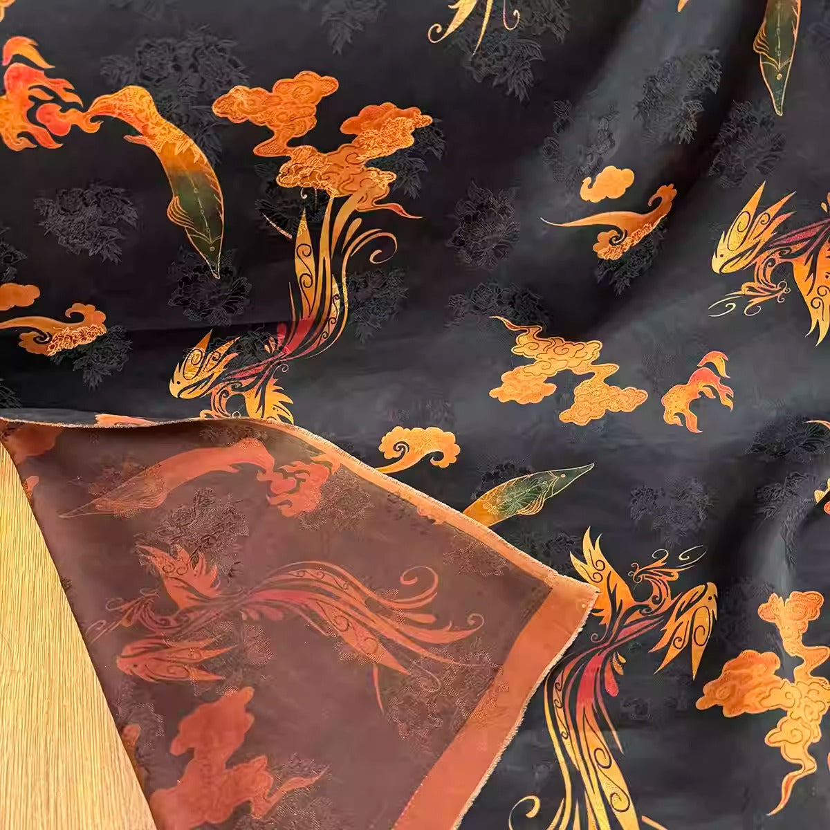 XYHYS 凤凰祥云- Jacquard HUALUO Hongyunsha silk fabric, 26 momme openwork texture, 110cm by the Yard