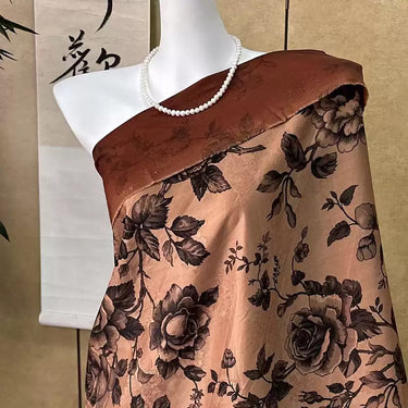 褐金牡丹绘 Mud Silk fabric, Jacquard HUALUO, 25 momme 110cm wide by the Yard