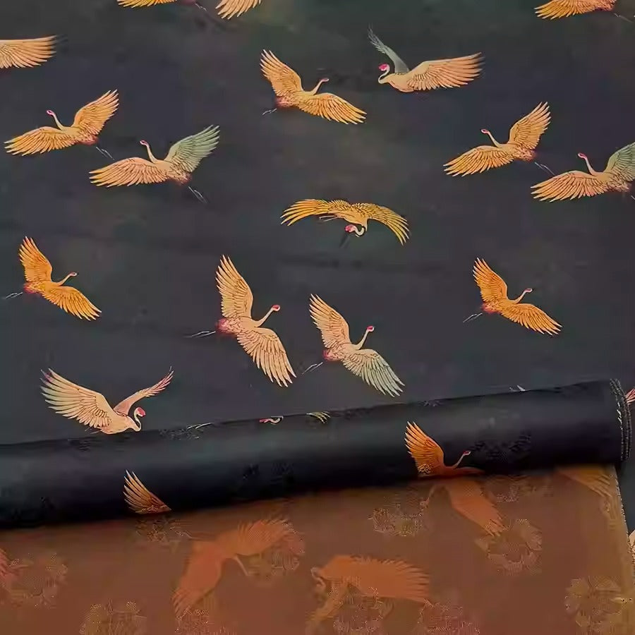 XYHYS 翠墨瑞鹤- Jacquard HUALUO Hongyunsha silk fabric, 25 momme openwork texthture, 110cm by e Yard