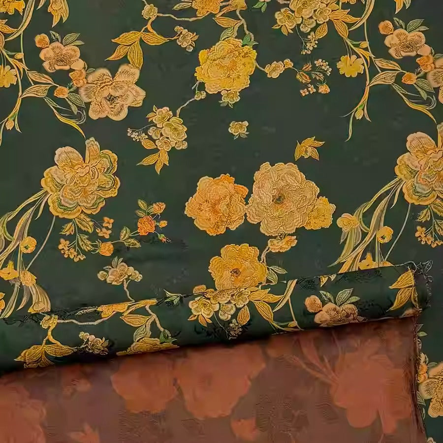 XYHYS 墨底牡丹- Jacquard HUALUO Hongyunsha silk fabric, 25 momme openwork texthture, 110cm by e Yard