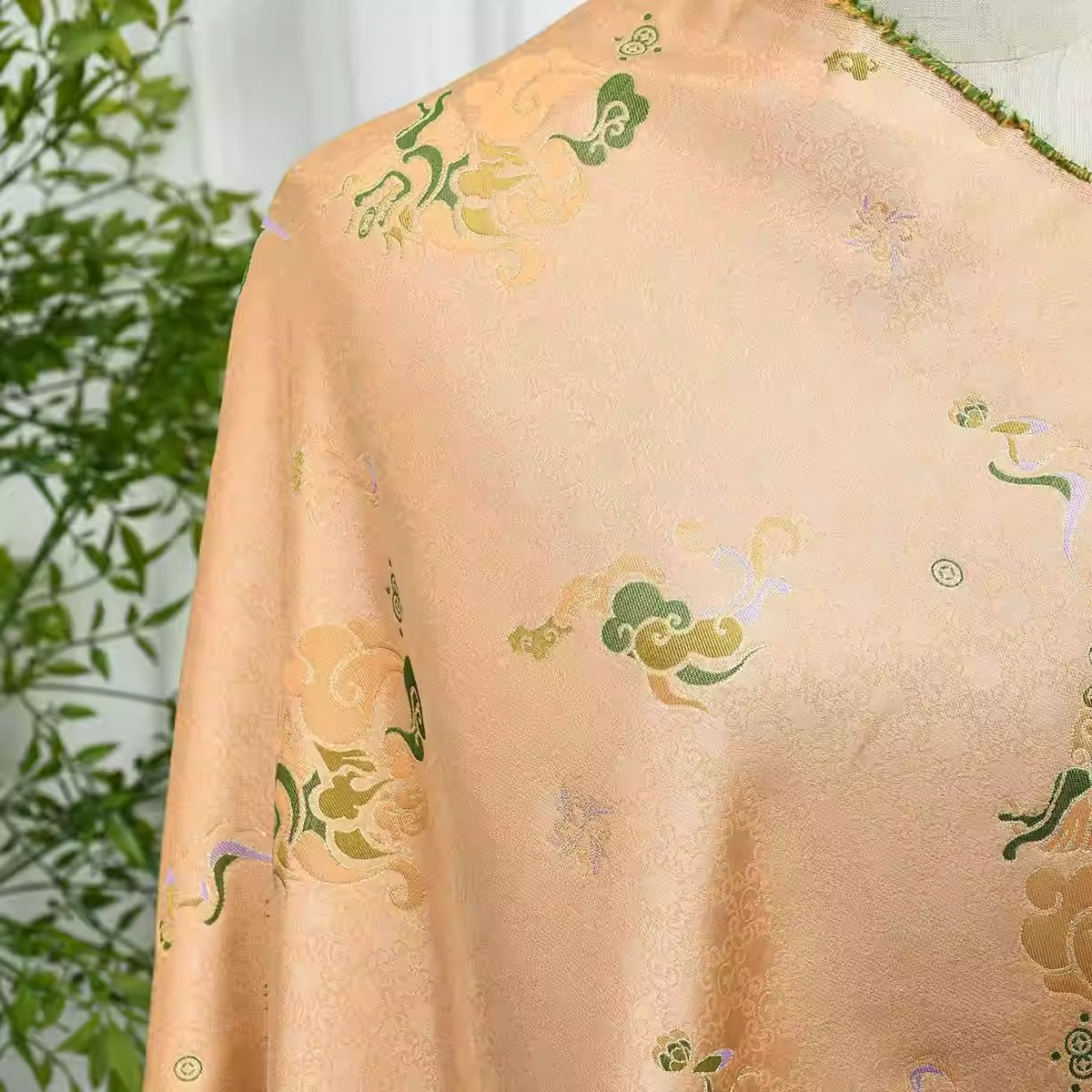 XYLDXSJ 通宝祥云应龙纹橘绿 - Gilt-Thread Song Brocade 织金宋锦, 38 momme 140cm wide by the yard