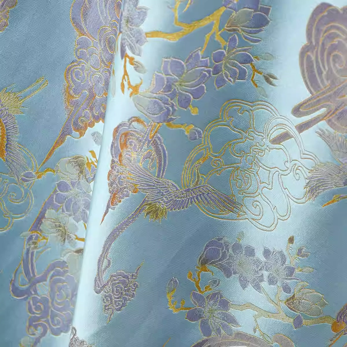 XYLDXSJ 云鹤蓝金 - Gilt-Thread Song Brocade 织金宋锦, 38 momme 140cm wide by the yard