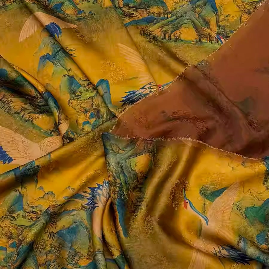 XYHYS 千山鹤影- Jacquard HUALUO Hongyunsha silk fabric, 25 momme openwork texthture, 110cm by e Yard