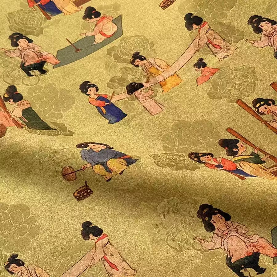 仕女捣练图 Mud Silk fabric, Jacquard HUALUO, 25 momme 110cm wide by the Yard