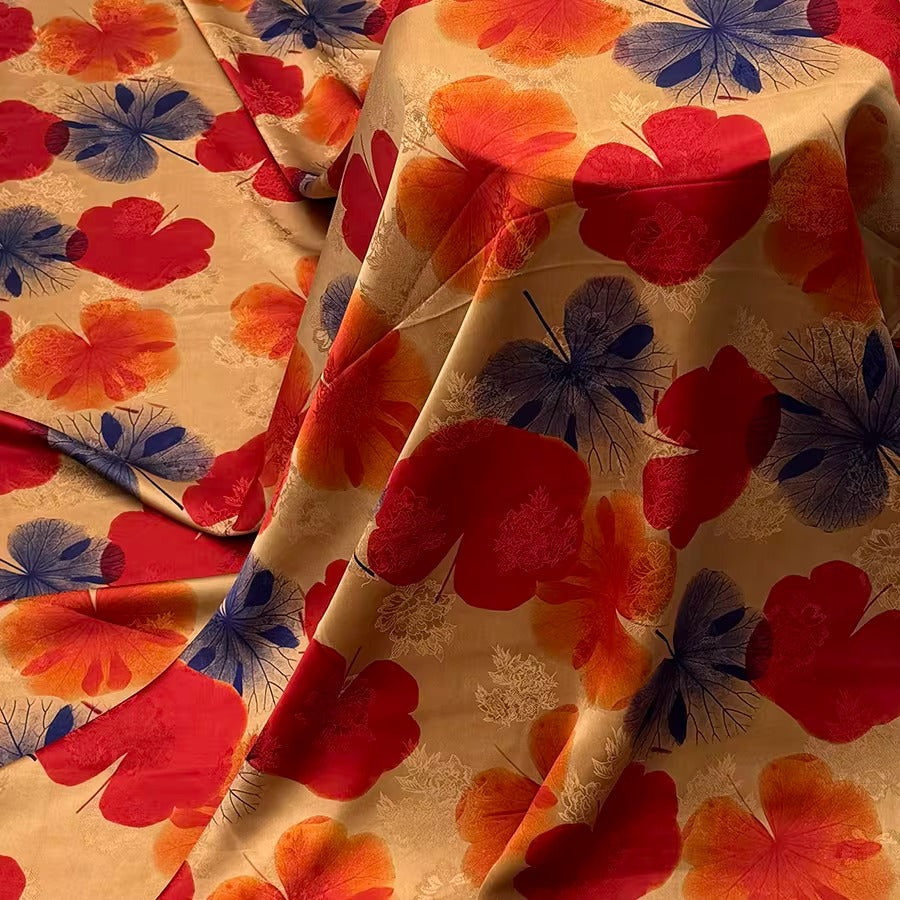 XYHYS 紫红落叶- Jacquard HUALUO Hongyunsha silk fabric, 25 momme openwork texthture, 110cm by e Yard