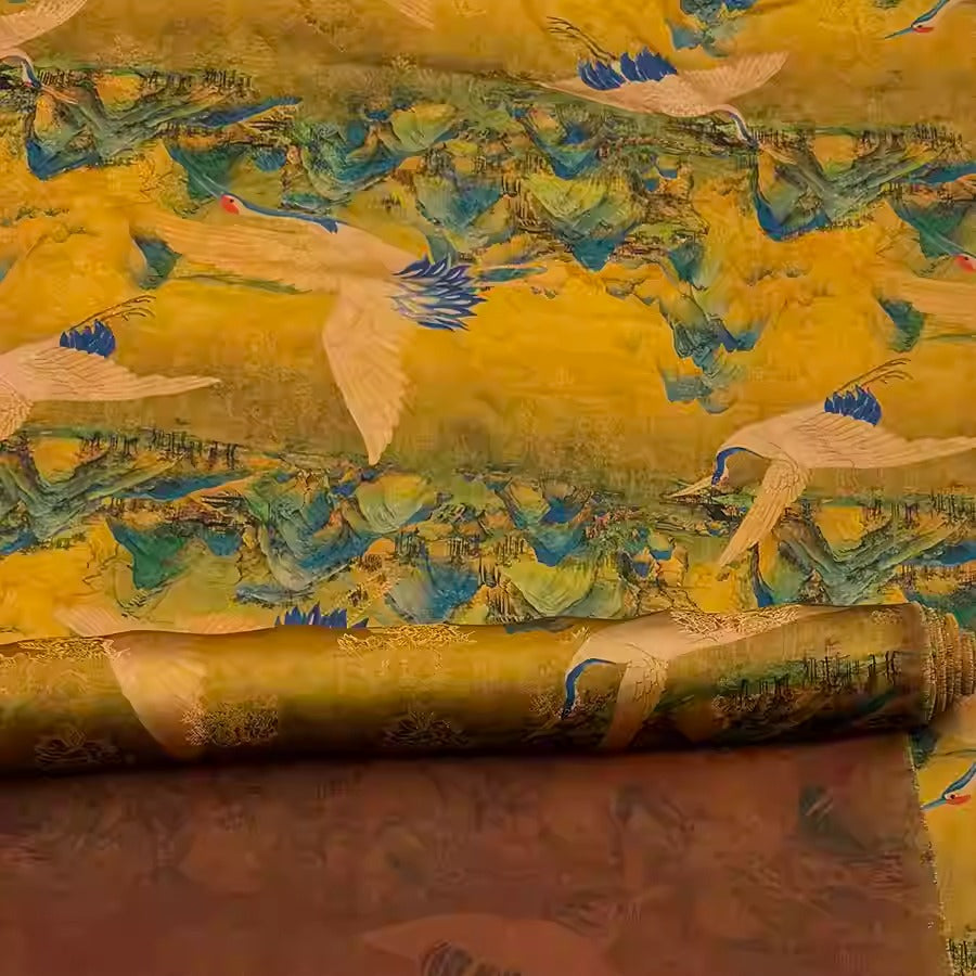 XYHYS 千山鹤影- Jacquard HUALUO Hongyunsha silk fabric, 25 momme openwork texthture, 110cm by e Yard