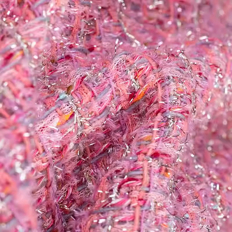 YYCHNLSF - Pink Tweed Fringed Bouclé Fabric, Coco style, 150cm wide by the yard