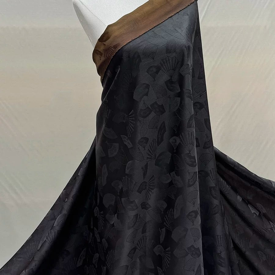 单黑扇子 Mud Silk fabric, Jacquard HUALUO, 25 momme 110cm wide by the Yard
