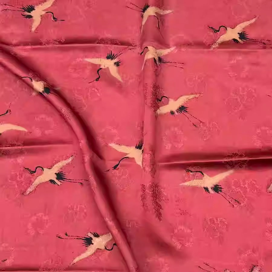 XYHYS 红色瑞鹤图- Jacquard HUALUO Hongyunsha silk fabric, 25 momme openwork texthture, 110cm by e Yard