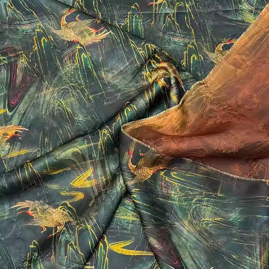 XYHYS 墨染金鹤- Jacquard HUALUO Hongyunsha silk fabric, 25 momme openwork texthture, 110cm by e Yard