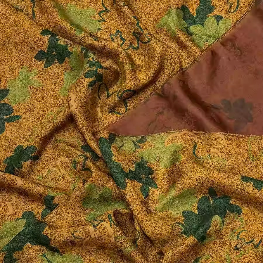 XYHYS 黄底绿叶- Jacquard HUALUO Hongyunsha silk fabric, 25 momme openwork texthture, 110cm by e Yard