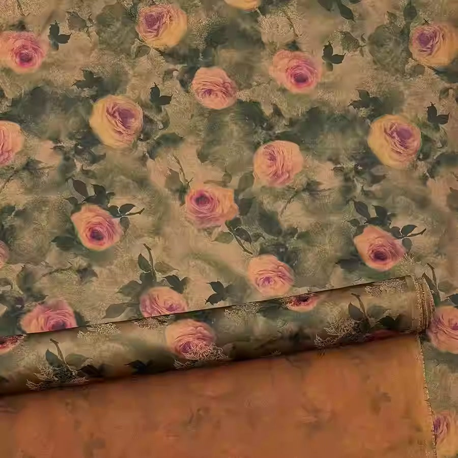 XYHYS 绿野玫瑰- Jacquard HUALUO Hongyunsha silk fabric, 25 momme openwork texthture, 110cm by e Yard