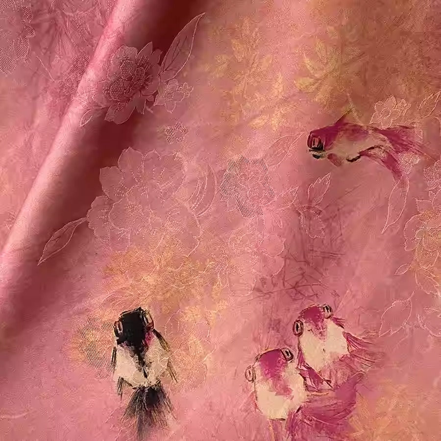 XYHYS 粉色锦鲤- Jacquard HUALUO Hongyunsha silk fabric, 26 momme openwork texture, 110cm by the Yard