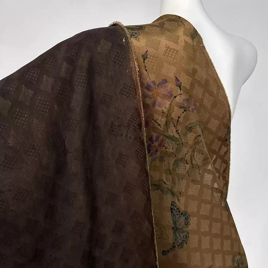 蝶舞花间 Mud Silk fabric, Jacquard HUALUO, 25 momme 110cm wide by the Yard