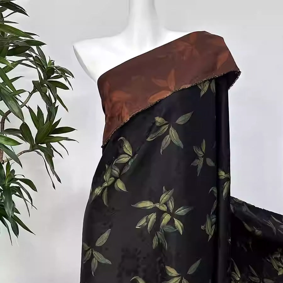 XYHYS 黑底绿叶- Jacquard HUALUO Hongyunsha silk fabric, 26 momme openwork texture, 110cm by the Yard