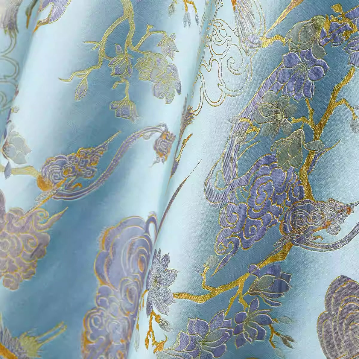 XYLDXSJ 云鹤蓝金 - Gilt-Thread Song Brocade 织金宋锦, 38 momme 140cm wide by the yard