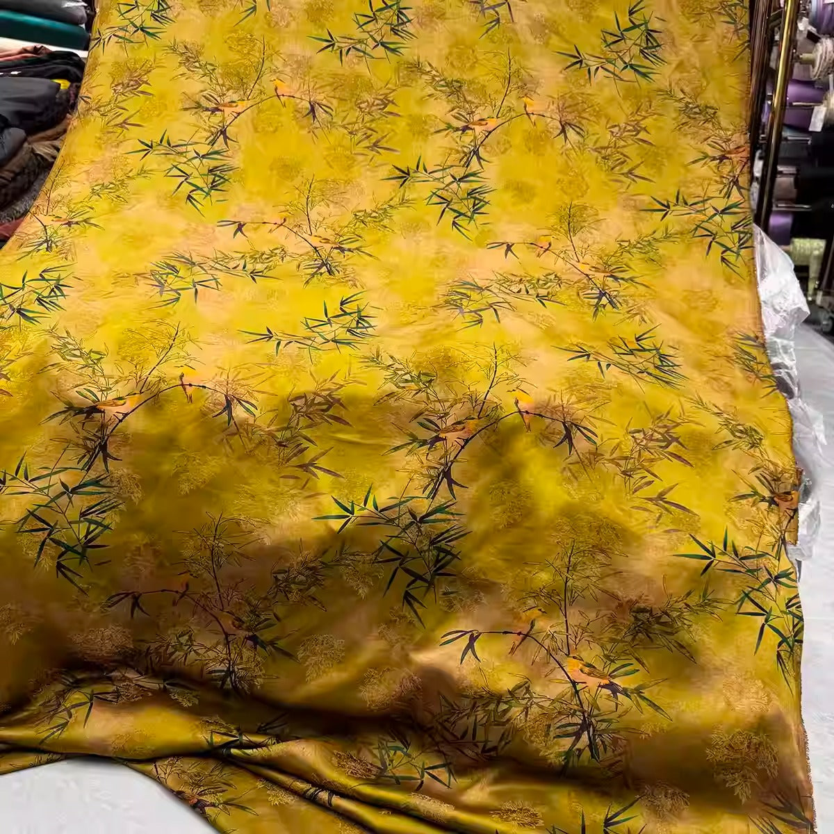 XYHYS 黄韵竹鸟- Jacquard HUALUO Hongyunsha silk fabric, 25 momme openwork texture, 110cm by the Yard