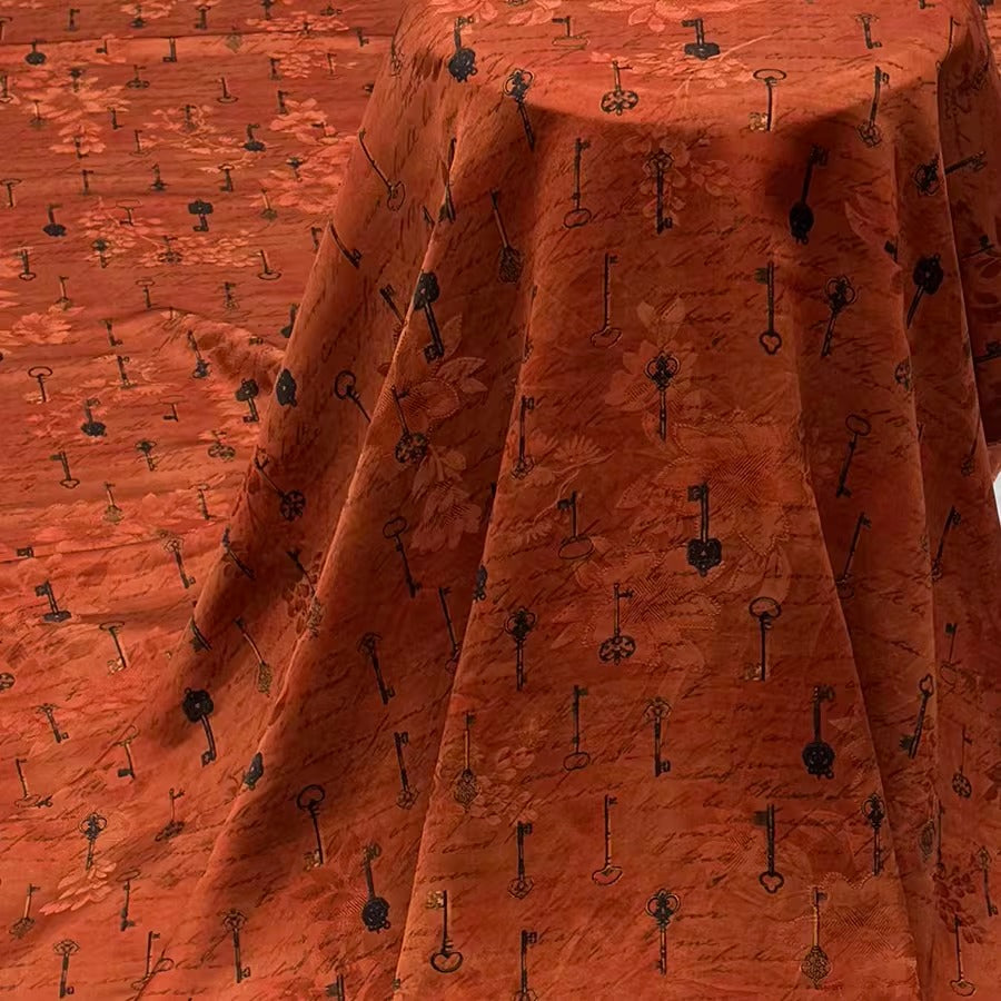 XYHYS 橙底钥匙- Jacquard HUALUO Hongyunsha silk fabric, 25 momme openwork texthture, 110cm by e Yard