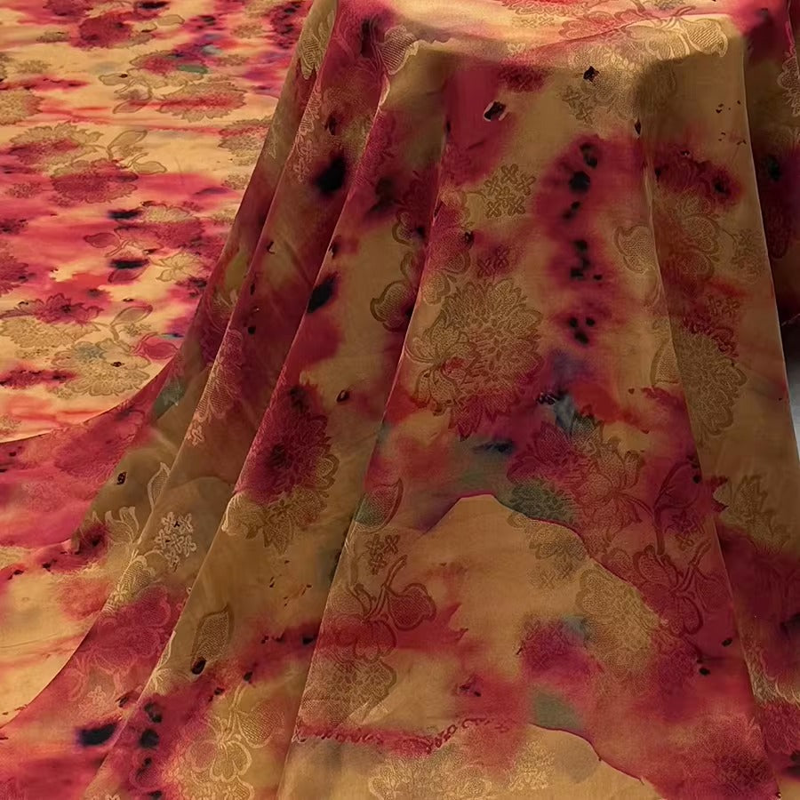 XYHYS 红黄晕染- Jacquard HUALUO Hongyunsha silk fabric, 25 momme openwork texthture, 110cm by e Yard