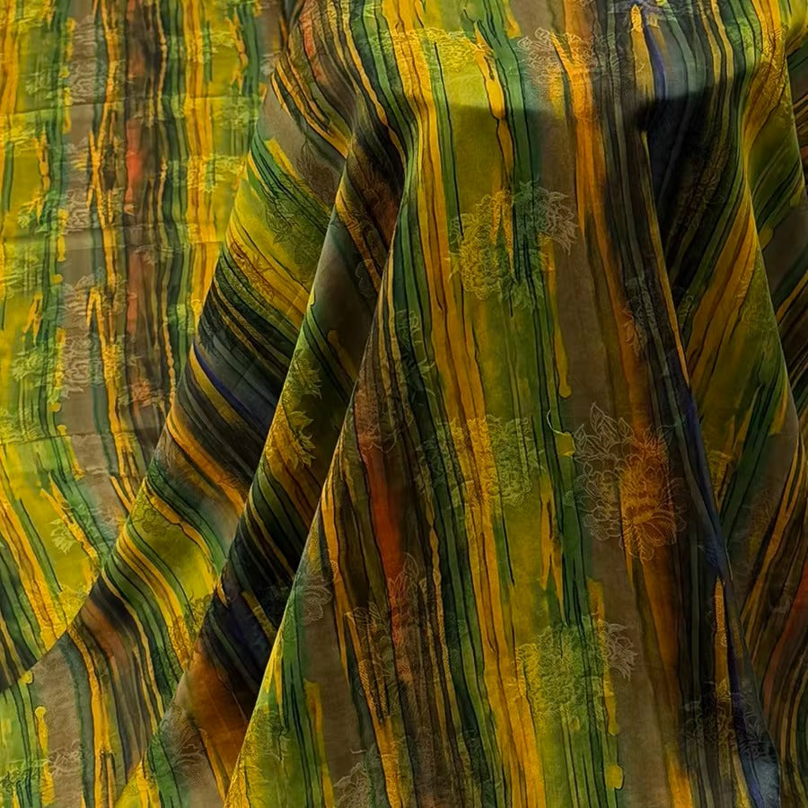 XYHYS 油画条纹- Jacquard HUALUO Hongyunsha silk fabric, 25 momme openwork texthture, 110cm by e Yard
