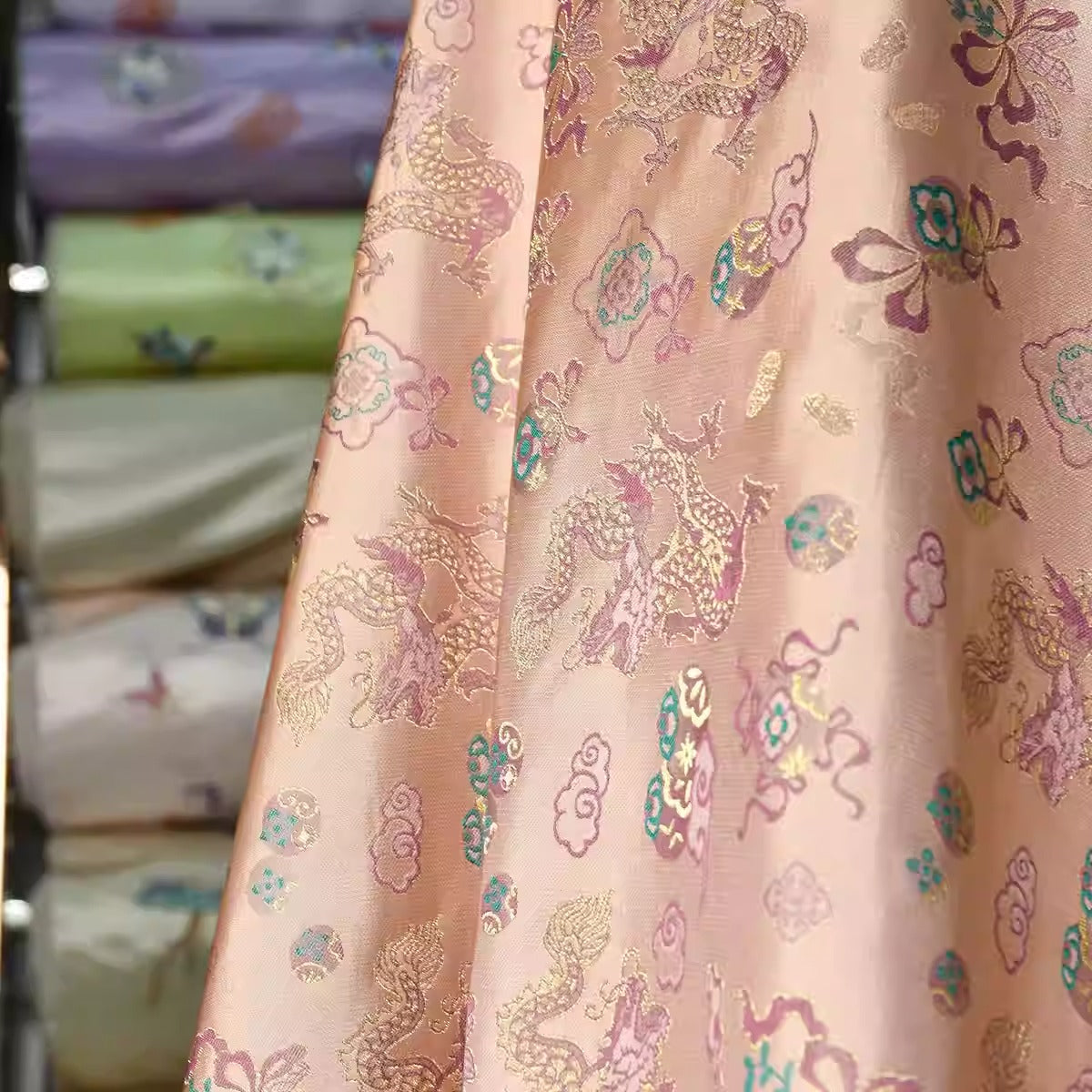 XYLDXSJ 双龙戏珠 - Gilt-Thread Song Brocade 织金宋锦, 38 momme 140cm wide by the yard