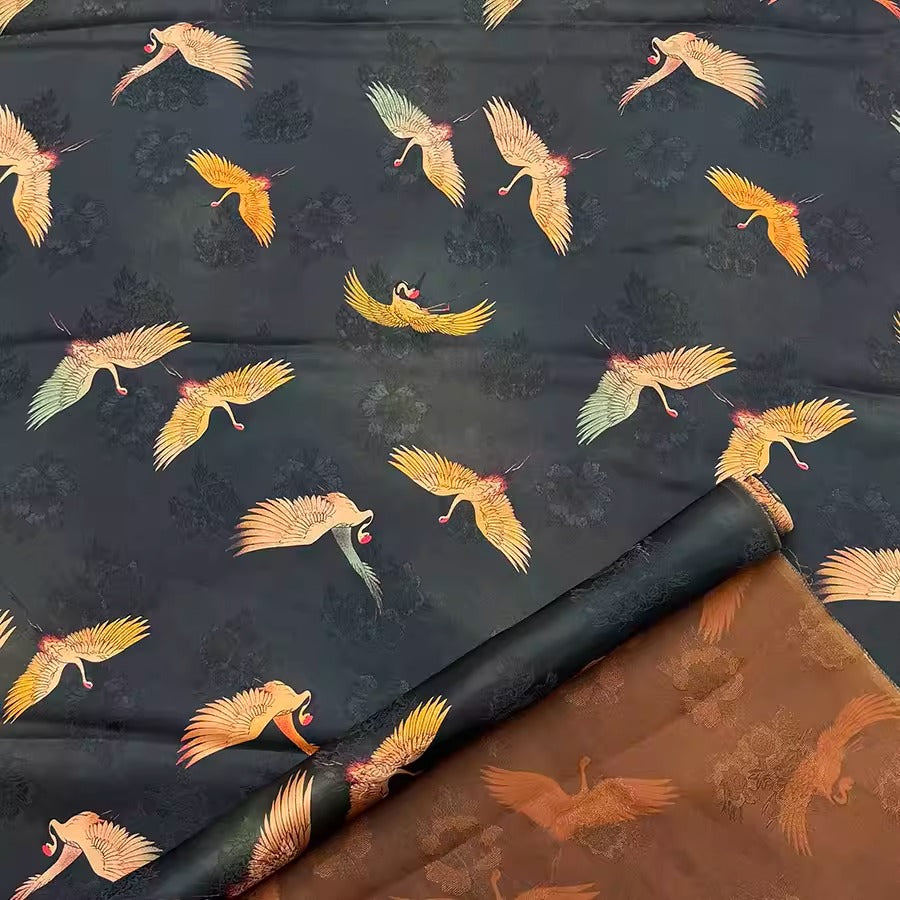 XYHYS 黑色瑞鹤图- Jacquard HUALUO Hongyunsha silk fabric, 26 momme openwork texture, 110cm by the Yard