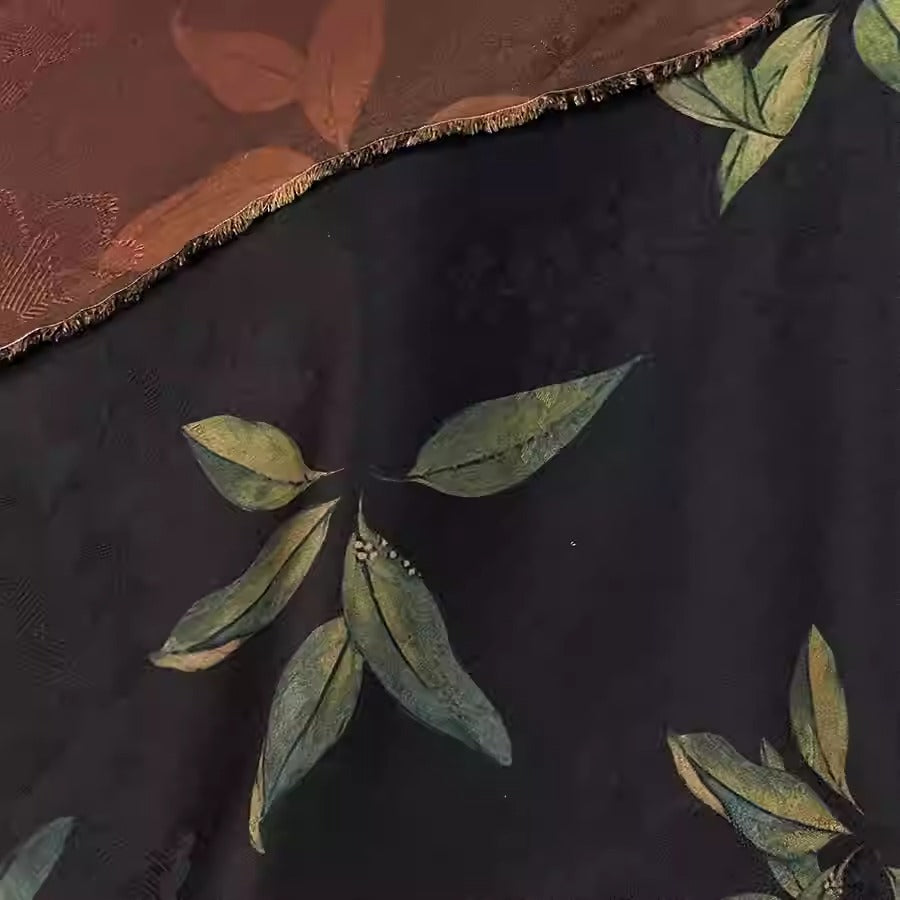 XYHYS 黑底绿叶- Jacquard HUALUO Hongyunsha silk fabric, 26 momme openwork texture, 110cm by the Yard