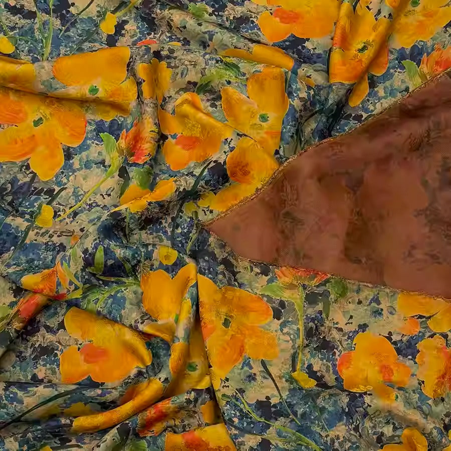 XYHYS 油画黄花- Jacquard HUALUO Hongyunsha silk fabric, 25 momme openwork texthture, 110cm by e Yard