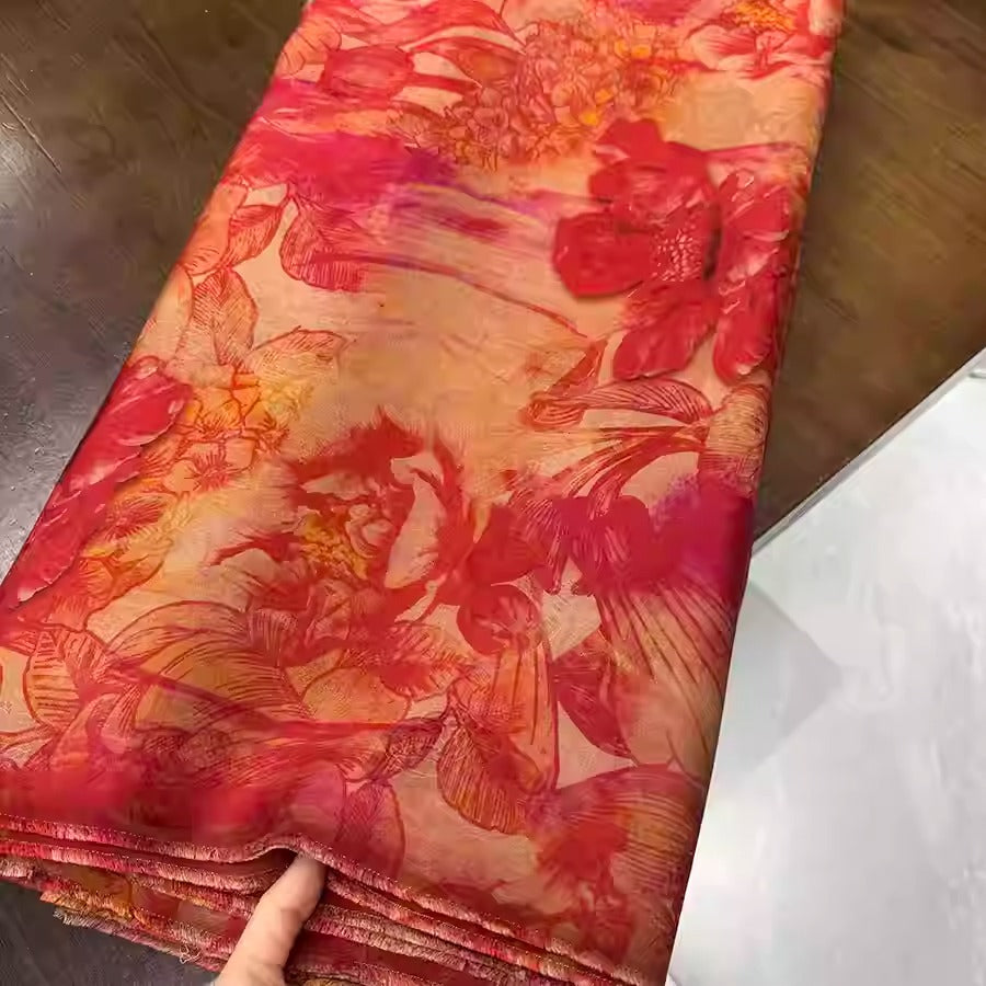 XYHYS 红色大花- Jacquard HUALUO Hongyunsha silk fabric, 25 momme openwork texthture, 110cm by e Yard