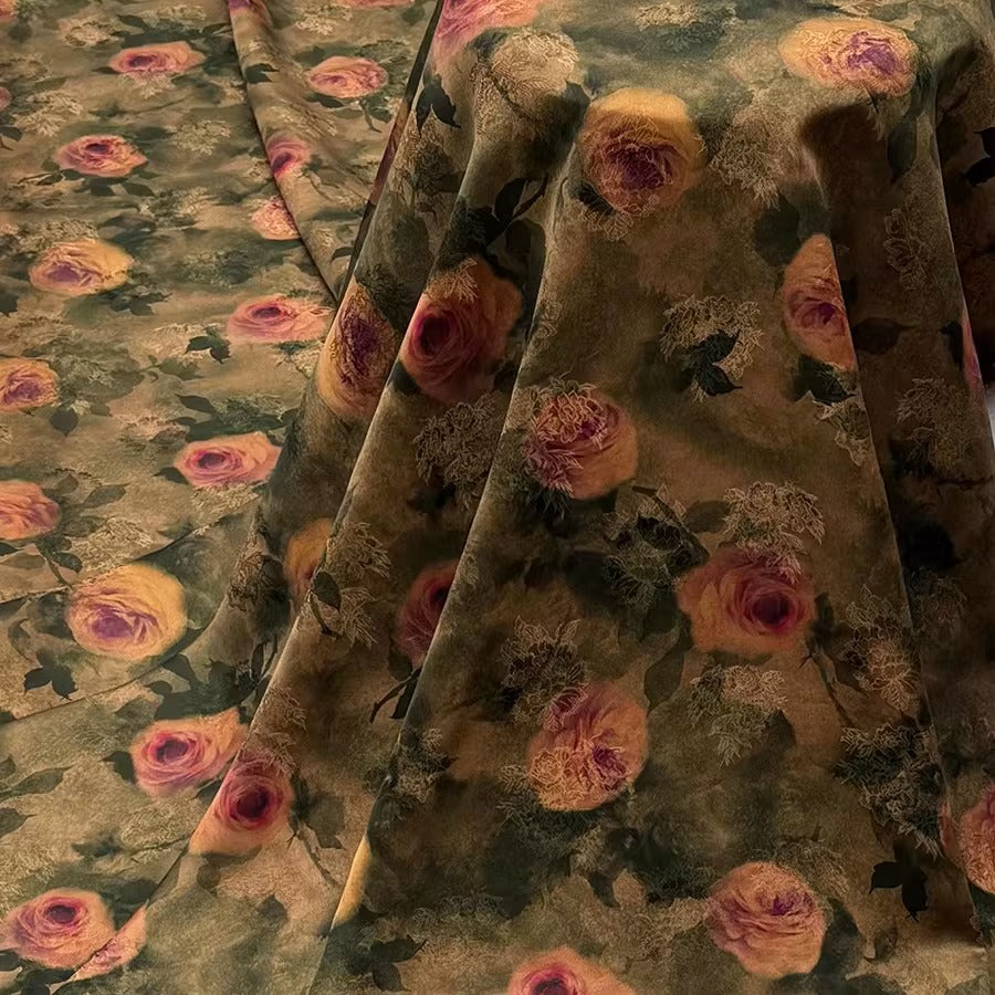XYHYS 绿野玫瑰- Jacquard HUALUO Hongyunsha silk fabric, 25 momme openwork texthture, 110cm by e Yard