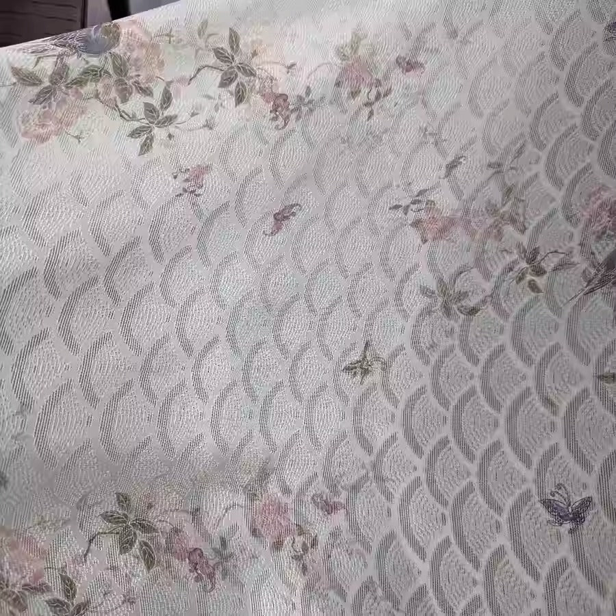 XYLN045 - Leno silk fabric with beautiful prints, crabapple and birds, 114cm wide by the yard