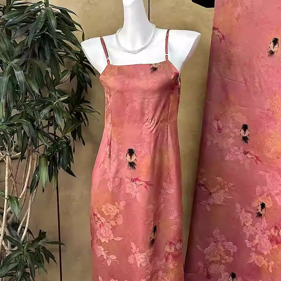 XYHYS 粉色锦鲤- Jacquard HUALUO Hongyunsha silk fabric, 26 momme openwork texture, 110cm by the Yard