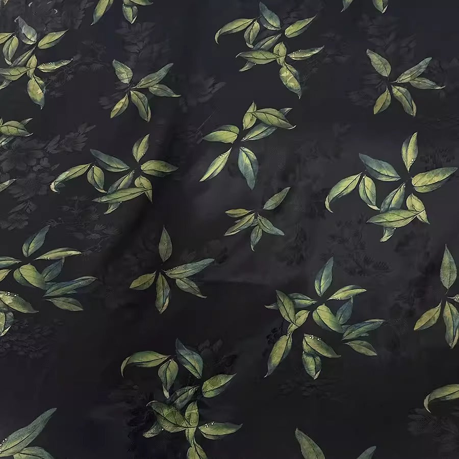 XYHYS 黑底绿叶- Jacquard HUALUO Hongyunsha silk fabric, 26 momme openwork texture, 110cm by the Yard