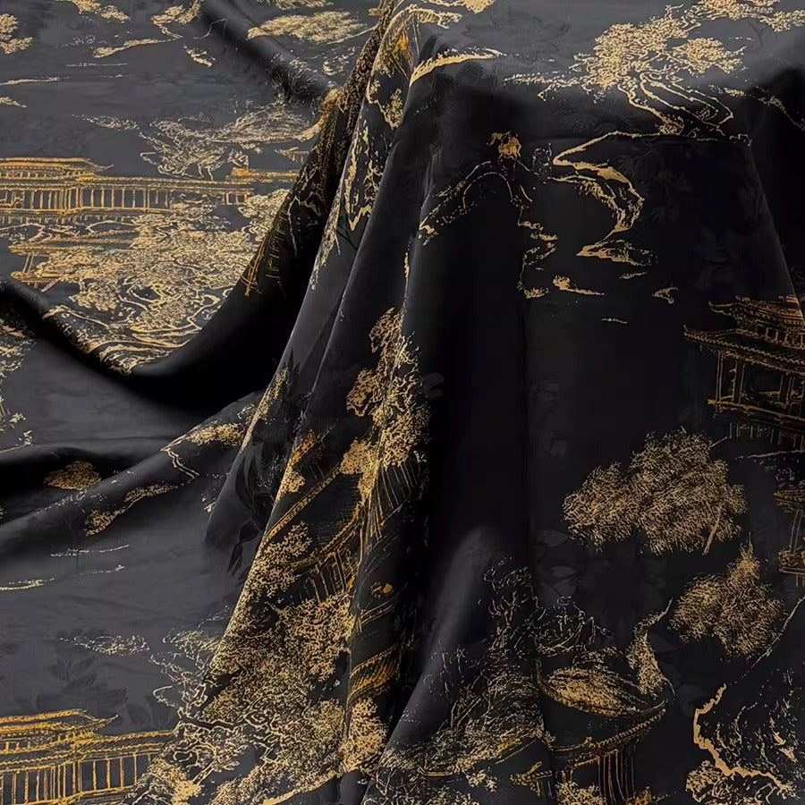 XYHYS 金枝藏亭- Jacquard HUALUO Hongyunsha silk fabric, 25 momme openwork texthture, 110cm by e Yard
