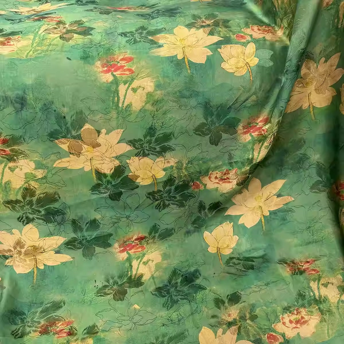 XYHYS仲夏青荷- Jacquard HUALUO Hongyunsha silk fabric, 25 momme openwork texture, 110cm by the Yard