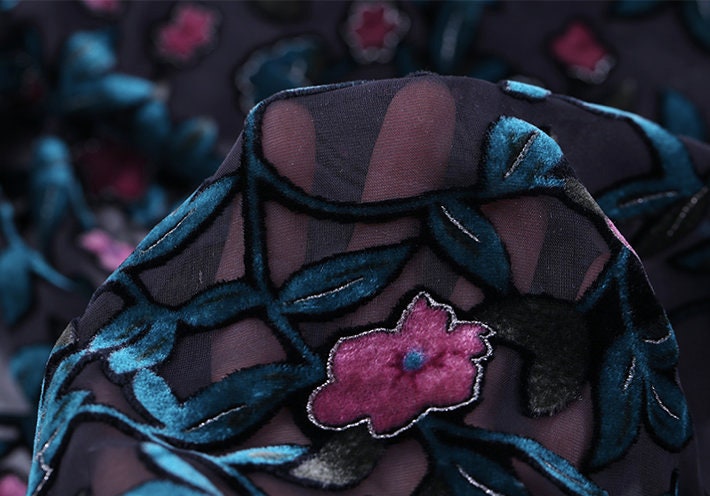 XIAOHONG - Floral Sheer Burnout Silk Velvet Fabric - 114cm wide by the Yard