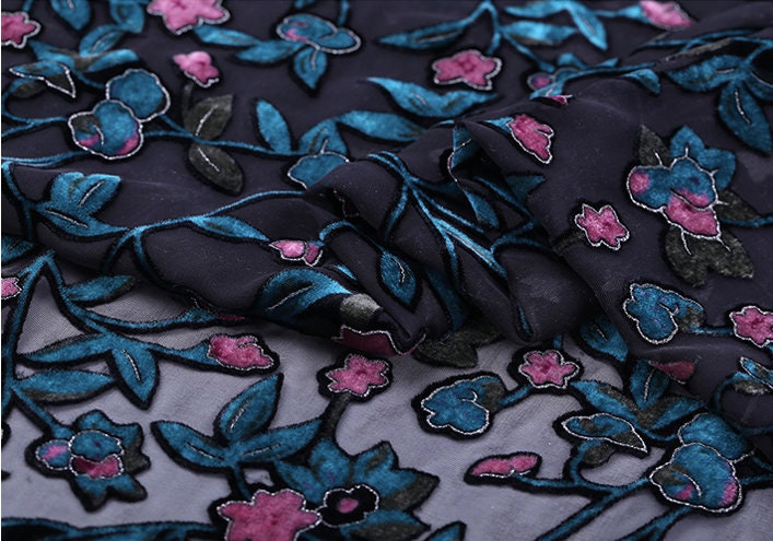 XIAOHONG - Floral Sheer Burnout Silk Velvet Fabric - 114cm wide by the Yard