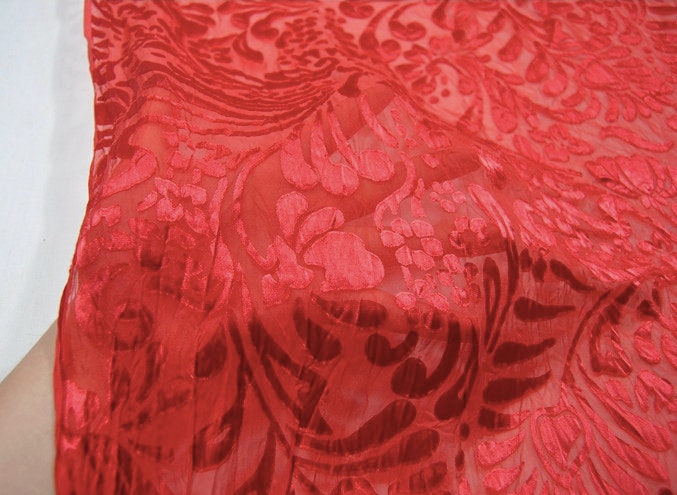 HONGDU - Red Flowers Sheer Burnout Silk Devore Satin Fabric - 114cm wide by the Yard