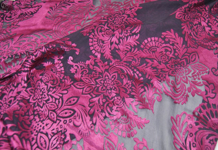 DAFANHUA - Red Floral Sheer Burnout Silk Devore Satin Fabric - 114cm wide by the Yard