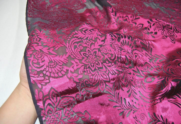 DAFANHUA - Red Floral Sheer Burnout Silk Devore Satin Fabric - 114cm wide by the Yard