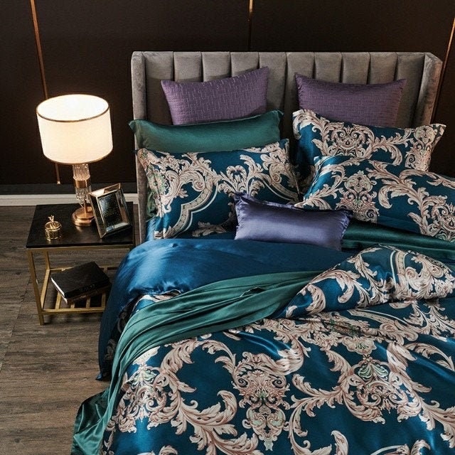 Phoenix Dance Blue - 16 Momme 100% Silk Bedding 4pcs Suite