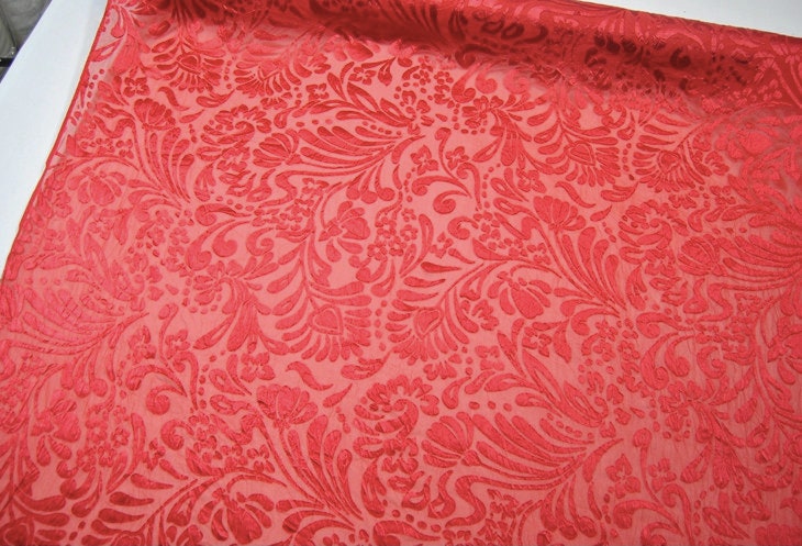 HONGDU - Red Flowers Sheer Burnout Silk Devore Satin Fabric - 114cm wide by the Yard