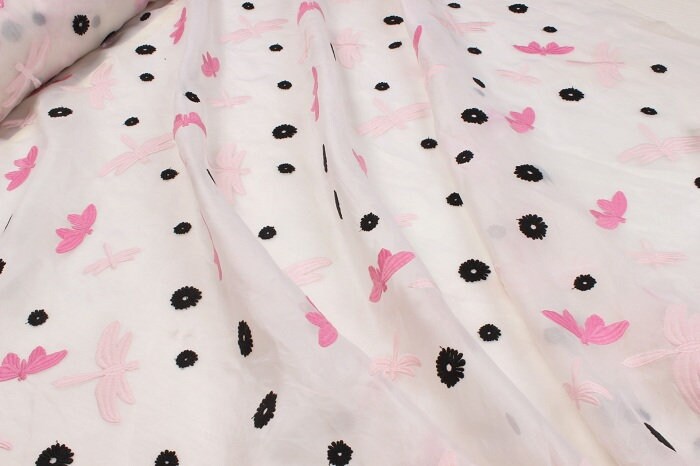 QINGTING - Dragonflies Butterflies Embroidered Silk Organza Fabric - 140cm wide by the Yard